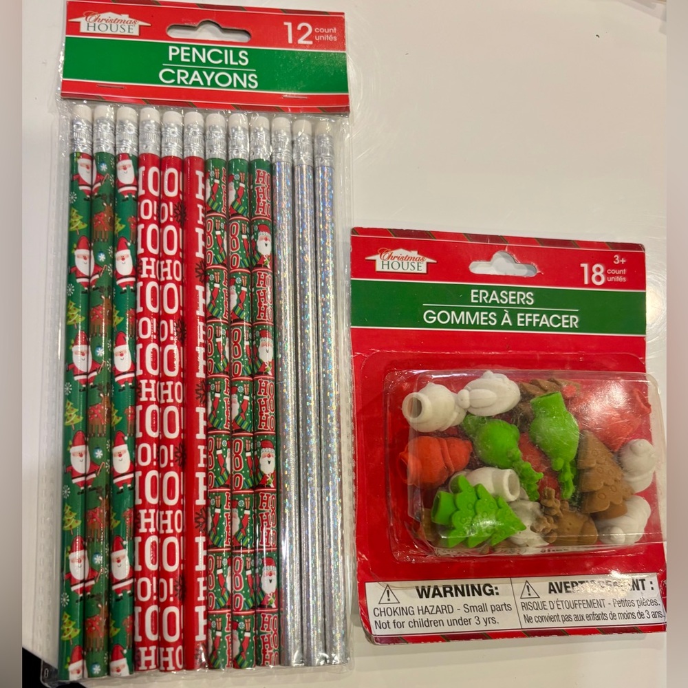 Bundle of 12 Christmas Pencils and 18 3D Erasers Toppers in a Set